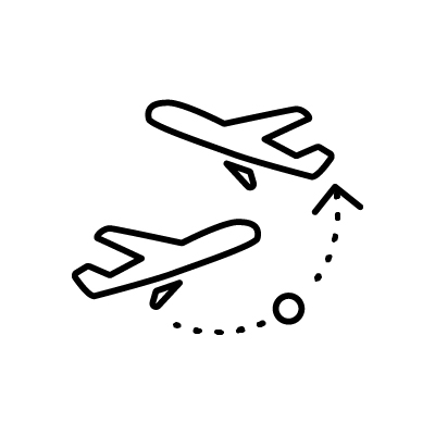 空港を介した飛行機の乗り換え（トランジット）のアイコンイラストのサンプル画像