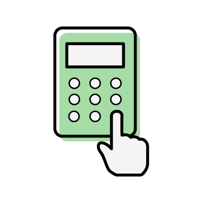 緑色の電卓で計算している様子のアイコンイラスト素材