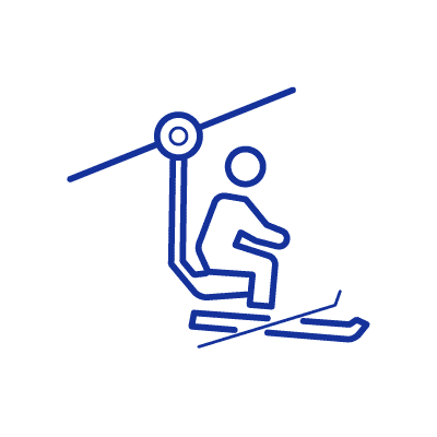 スキー板を履いてリフトに乗っている人物（ブルーのラインカラー）のアイコンイラスト素材