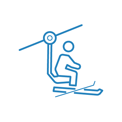 スキー板を履いてリフトに乗っている人物（水色のラインカラー）のアイコンイラスト素材