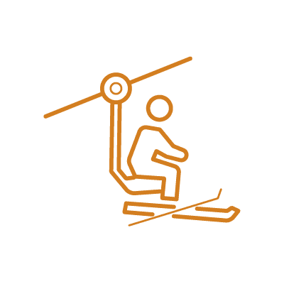 スキー板を履いてリフトに乗っている人物（オレンジのラインカラー）のアイコンイラスト素材