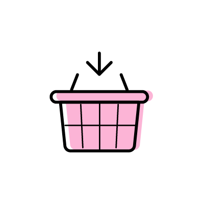 ピンク色の買い物カゴに商品を入れている様子のアイコンイラスト素材