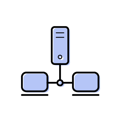 同じネットワークに接続されたPCとサーバのアイコンイラスト素材（ブルー）