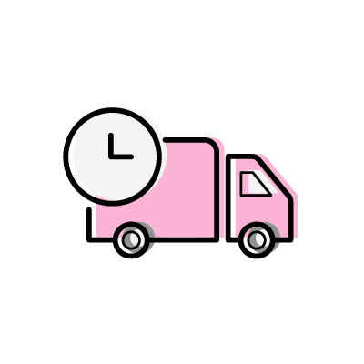 時間内配送（トラックと時計）のアイコンイラスト素材（ピンク）
