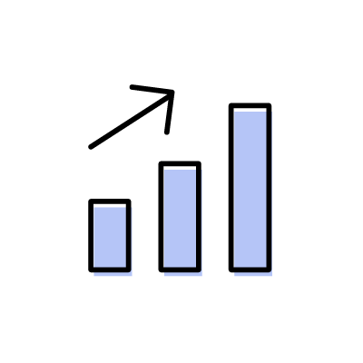業績グラフ（棒グラフと上向きの矢印）のアイコンイラスト素材（ブルー）