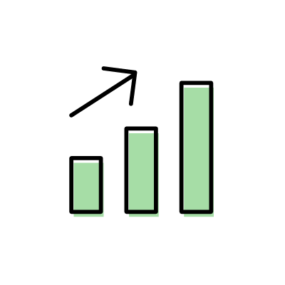 業績グラフ（棒グラフと上向きの矢印）のアイコンイラスト素材（グリーン）