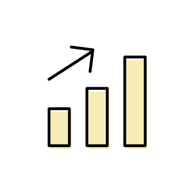業績グラフ（棒グラフと上向きの矢印）のアイコンイラスト素材（イエロー）