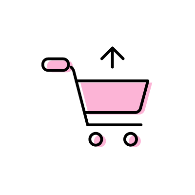ピンク色のショッピングカートから商品を出している様子のアイコンイラスト