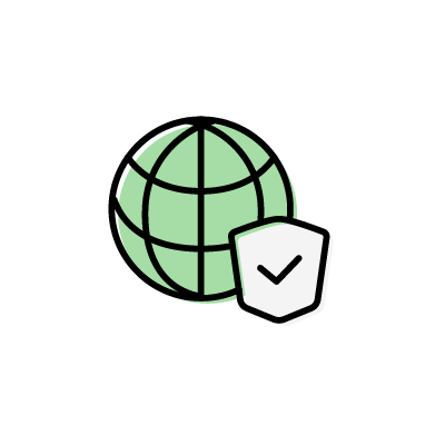 安全なインターネット接続（地球儀と盾）のアイコンイラスト素材（グリーン）