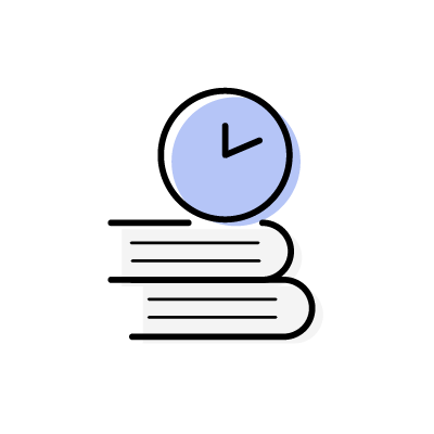 勉強時間（積まれた本と時計）のアイコンイラスト素材（ブルー）
