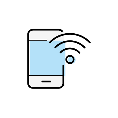 WiFi利用可能（スマートフォンとWiFi電波）のアイコンイラスト素材（ライトブルー）