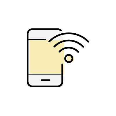 WiFi利用可能（スマートフォンとWiFi電波）のアイコンイラスト素材（イエロー）