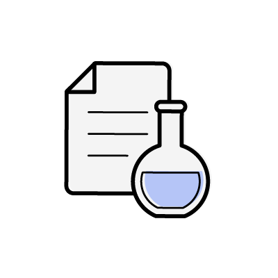 実験レポート（書類と丸底フラスコ）のアイコンイラスト素材（ブルー）