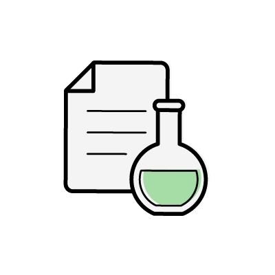 実験レポート（書類と丸底フラスコ）のアイコンイラスト素材（グリーン）