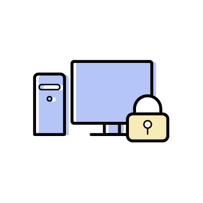 保護されたパソコン（パソコンと鍵）のアイコンイラスト素材（ブルー）