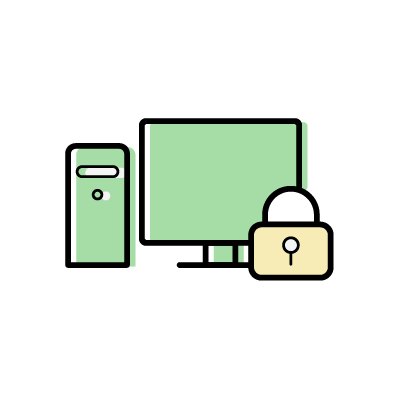 保護されたパソコン（パソコンと鍵）のアイコンイラスト素材（グリーン）