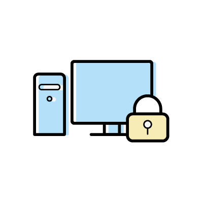 保護されたパソコン（パソコンと鍵）のアイコンイラスト素材（ライトブルー）