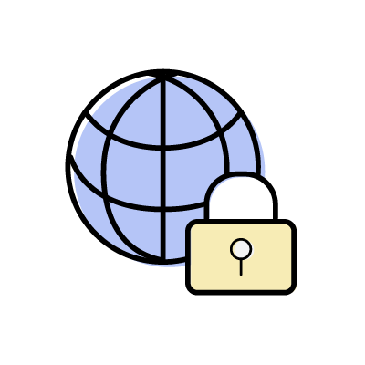 保護されたインターネット接続（地球儀と鍵）のアイコンイラスト素材（ブルー）