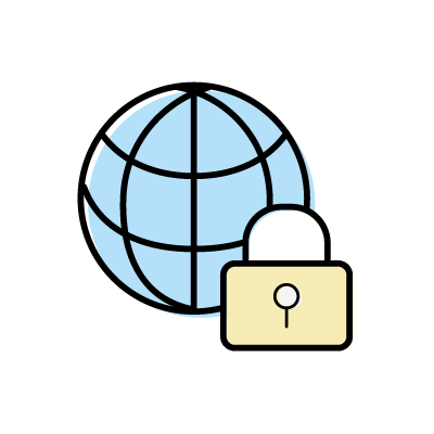 保護されたインターネット接続（地球儀と鍵）のアイコンイラスト素材（ライトブルー）