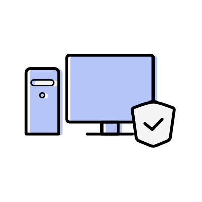 セキュリティが担保されたパソコン（PCモニターと盾）のアイコンイラスト素材（ブルー）