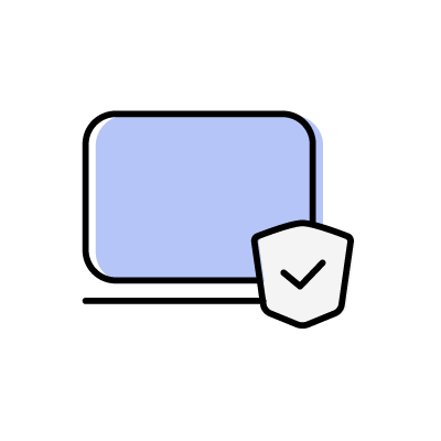 セキュリティが担保されているノートパソコン（ノートパソコンと盾）のアイコンイラスト素材（ブルー）