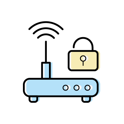 保護されたWiFiネットワーク（鍵とライトブルーのルーター）のアイコンイラスト素材