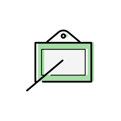 グリーンのホワイトボードと指示棒のアイコンイラスト素材