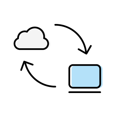 クラウドサービスとパソコンのデータを同期している様子のアイコンイラスト素材（ライトブルー）