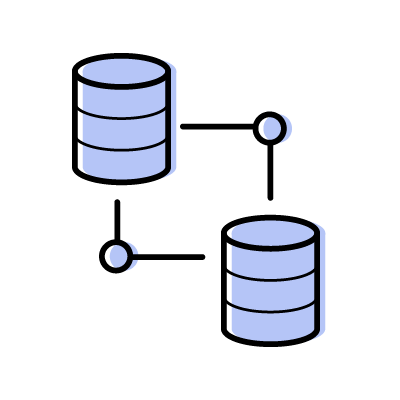 複数データベースを連携させている様子のアイコンイラスト素材（ブルー）