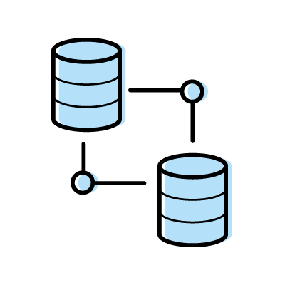 複数データベースを連携させている様子のアイコンイラスト素材（ライトブルー）