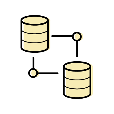 複数データベースを連携させている様子のアイコンイラスト素材（イエロー）